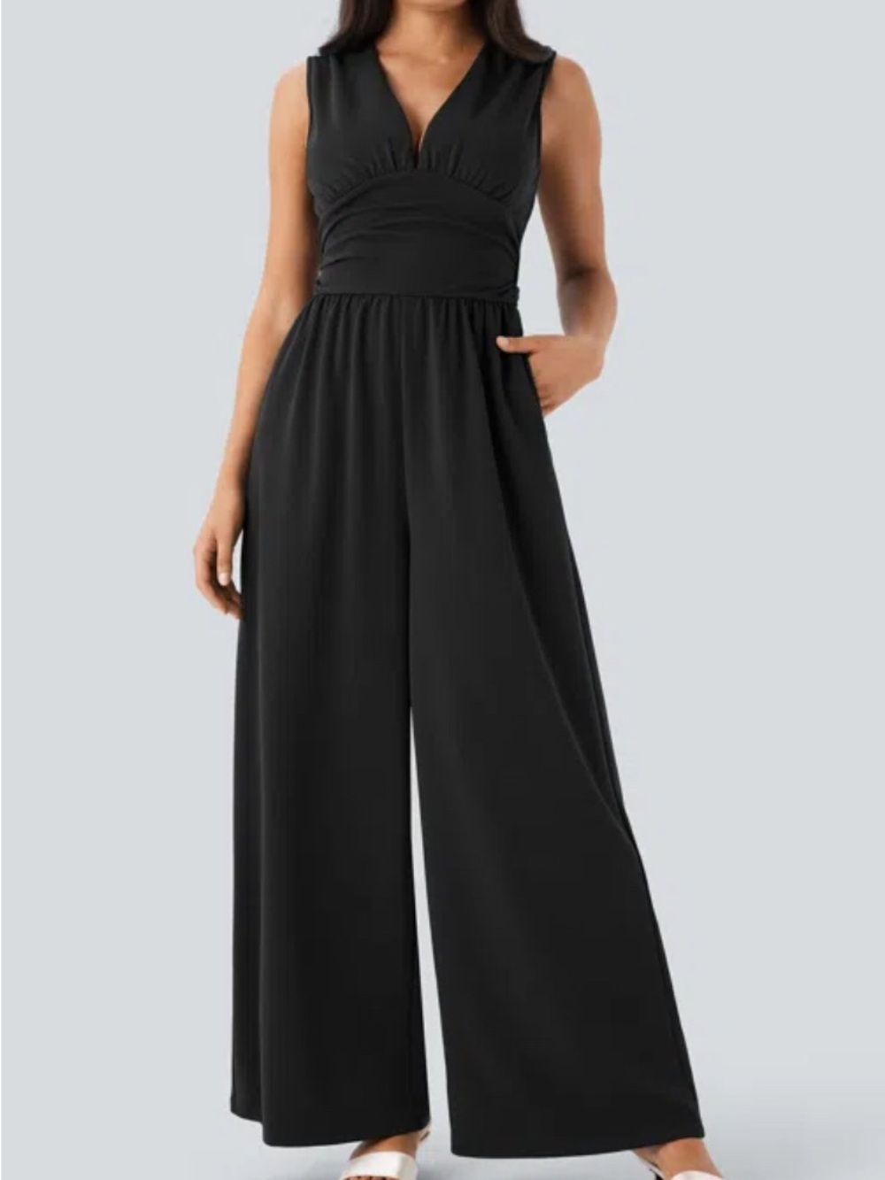 Halara V-neck Ruched Sleeveless Wide Leg Jumpsuit